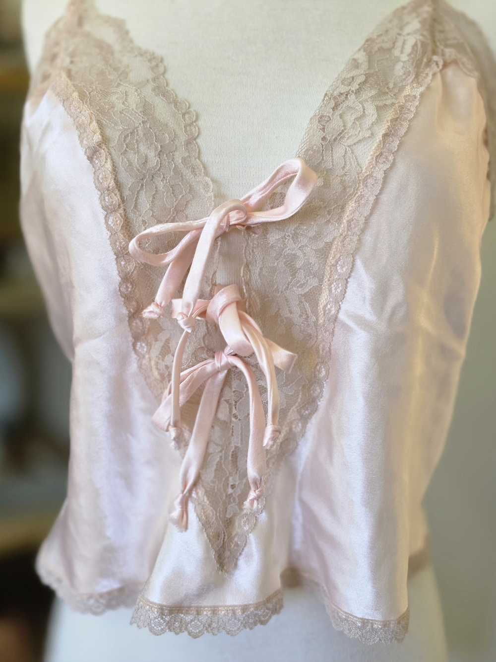 Vintage Baby Pink Lace Trim Tie Up Cami Tank V Neck